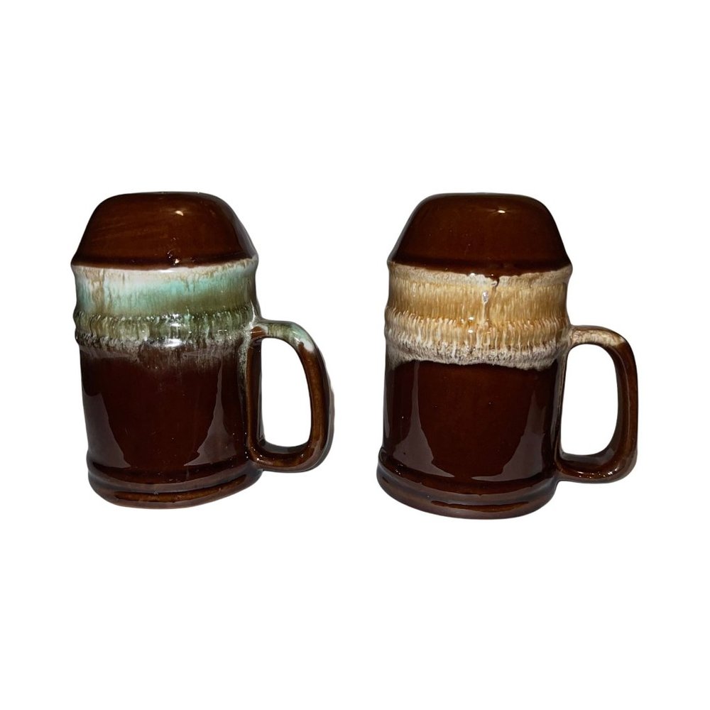 Vintage Stoneware Drip Glaze Salt & Pepper Shakers Set Oversized 5" Rare Colors